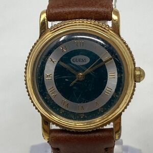 Vtg Guess Watch Women 23mm Gold Tone Green Dial Leather New Battery 8.25" 1994